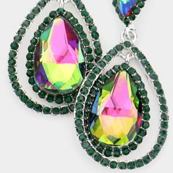 Teardrop Oil Spill Crystal Dangle Silver Evening Earrings NWT - Picture 2 of 6